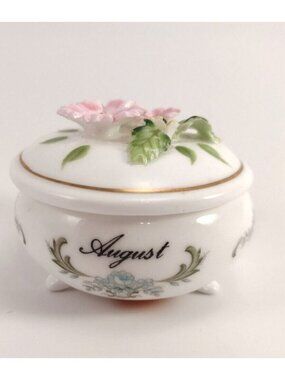Vintage ENESCO Maruri 1977 August Floral Trinket Container Box Bone China Flower
